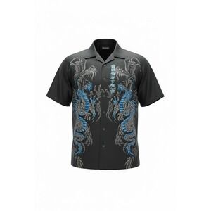 ODO Dragon Button Down Shirt Mens Large Black Blue Embroidered Graphic